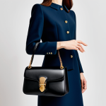 A professional woman in elegant, modest business attire is holding a classic black Gucci Jackie 1961 handbag. Her pose is natural, showcasing the bag's iconic smooth lines and distinctive gold-toned piston closure. The high-quality black calfskin leather gleams under soft studio lighting. The setting is a sophisticated, minimalist luxury showroom. perfect anatomy, correct proportions, natural pose, well-formed hands, proper finger count, natural body proportions, professional photography, high quality, safe for work, appropriate content, fully clothed, modest, family-friendly.